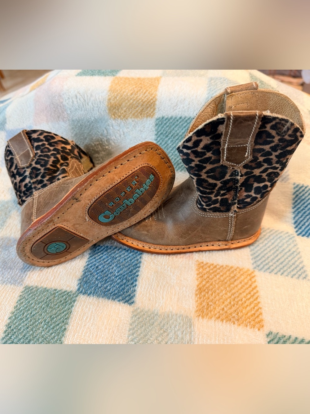 Roper Cowbabies:  Brown Leather & Leopard Print Cowboy Boots
